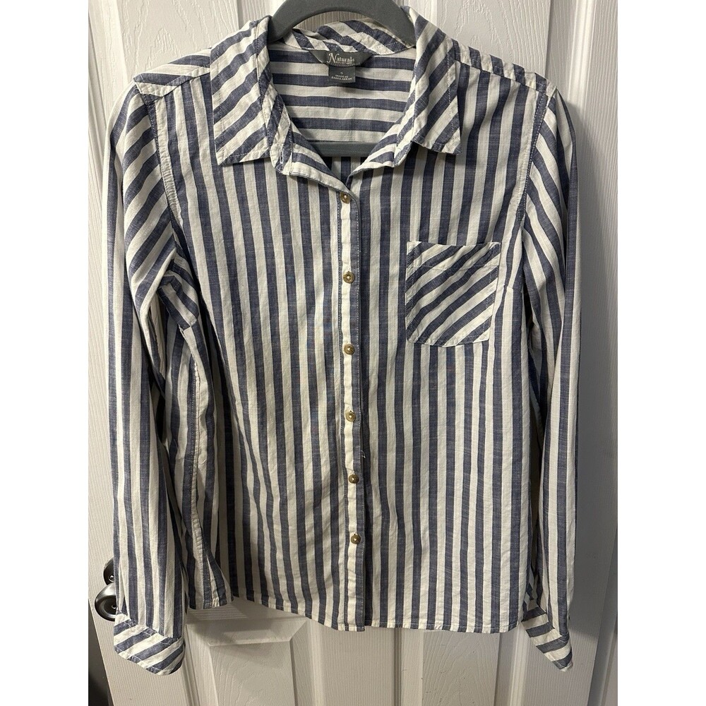 Natural Reflections Womens Shirt Small Blue White Striped Button Up Long Sleeve
